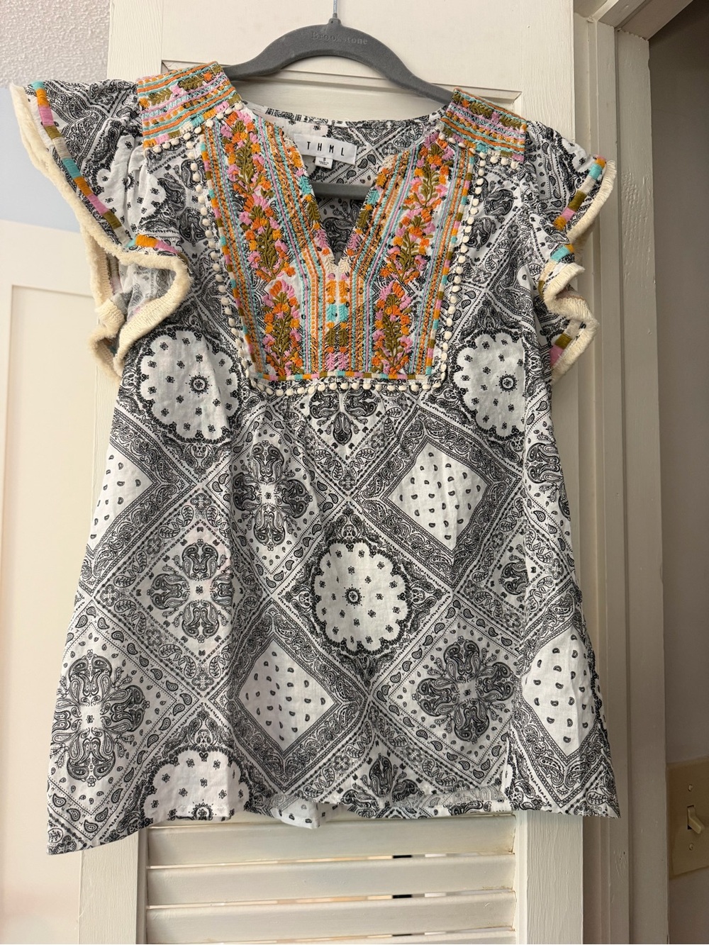 THML Black & White Paisley Tunic with Multicolor Embroidered Yoke